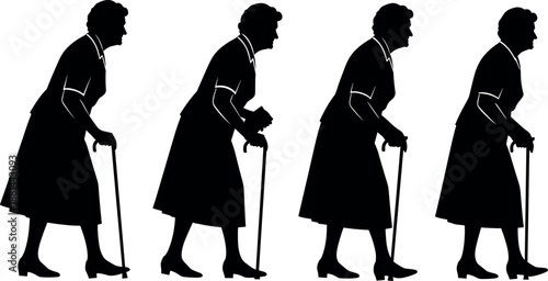 Elderly woman walking silhouette sequence with cane, aging process concept, senior care illustration, retirement health mobility support design