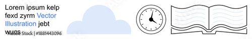 Cloud computing, time tracking, education, online learning, data storage, scheduling. A blue cloud, analog clock and open book drawn with clean lines. Cloud computing and time tracking concepts