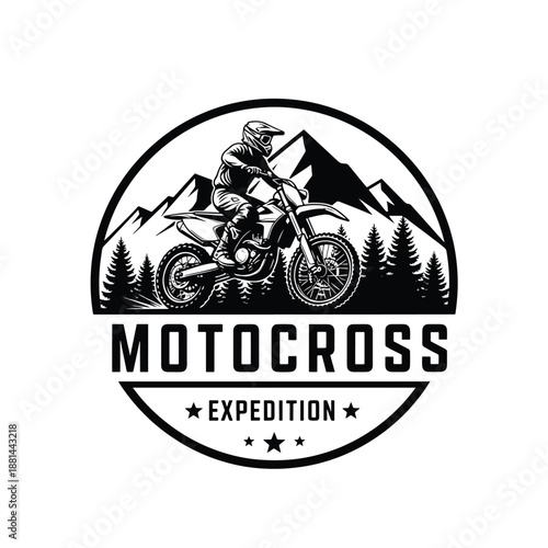 Motocross rider on off-road expedition through mountain forest, vintage outdoor adventure emblem illustration.