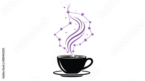 Magical coffee with celestial steam rising in a starry purple constellation