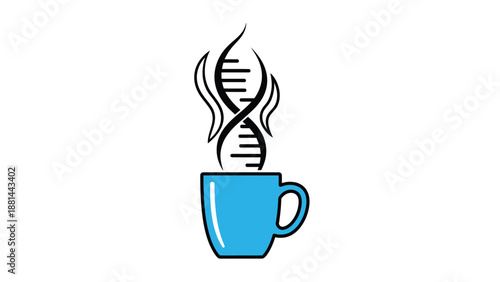 Genetic blueprint of morning brew: dna helix steaming from a vibrant blue coffee mug