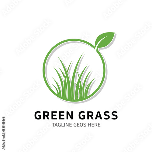 Vector graphic of fresh green grass and leaf in a circular emblem, symbolizing ecology and natural growth