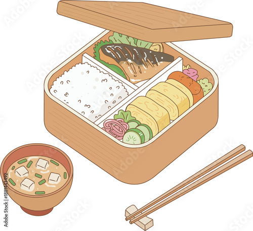 Japanese Bento Box Set: Healthy Meal with Grilled Fish and Miso Soup