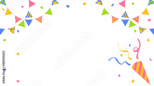 紙吹雪、ガーランド、パーティークラッカーのデコレーションフレーム、16:9サイズ