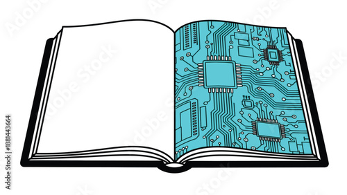 The fusion of traditional education and digital learning illustrated as an open book with circuit board