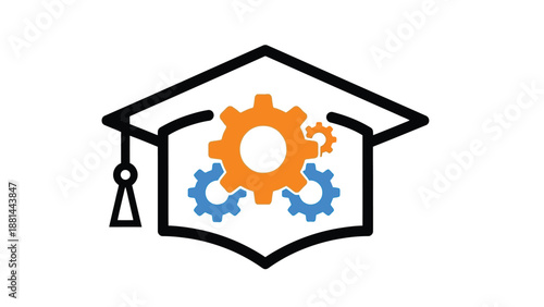 Engineering education concept with graduation cap and gears representing practical learning and innovation