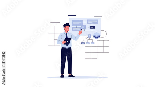 Business man presenting flowchart and diagrams on whiteboard