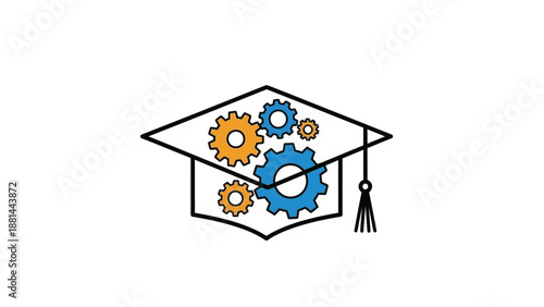 Graduation cap with interlocking gears representing the convergence of education and technology