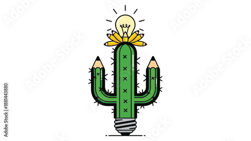 A resilient cactus with pencil branches and a glowing light bulb representing creative ideas