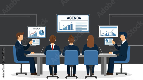 Business Meeting Agenda Presentation with Charts and Graphs