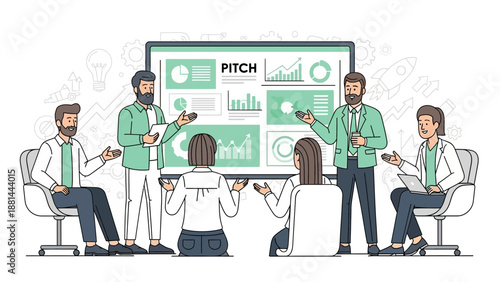 Business meeting pitch presentation with charts and graphs on screen
