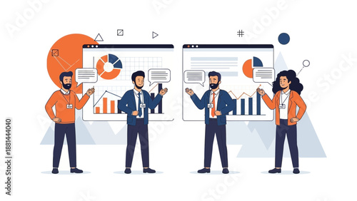 Business Meeting: Teams Discussing Financial Charts and Data Analysis