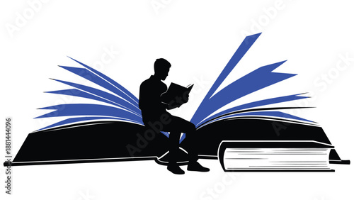 A captivating silhouette of a person immersed in reading, sitting atop a giant book of knowledge.