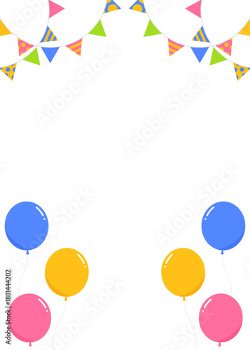 ガーランド、旗、風船のデコレーションフレーム、縦向き