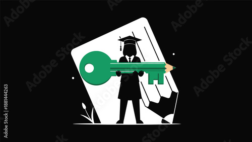 Education's power: graduate holding key-pencil for knowledge and opportunity