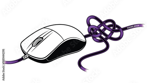 Navigating the complex web of knowledge: a computer mouse with its cord intricately tied