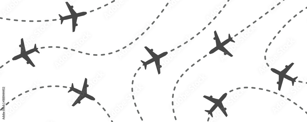 © MKIN - Airplane flight route pattern with dotted path lines, travel and aviation background in minimal flat style. Transparent PNG and vector illustration