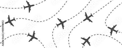 Airplane flight route pattern with dotted path lines, travel and aviation background in minimal flat style. Transparent PNG and vector illustration