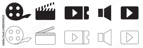 Cinema and movie icon. Video player and media control icons. Collection of outline and solid video, film, and audio control icons representing media playback, streaming, and cinema interface symbol.

