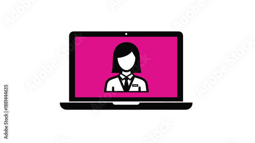 Online communication: female representative icon displayed on a laptop screen for digital support