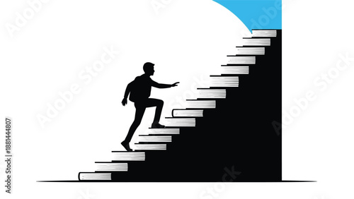 A student climbing a staircase made of books, symbolizing the journey of knowledge and academic growth