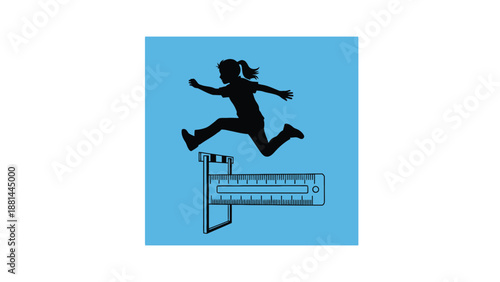 Silhouette of a girl jumping over a ruler hurdle, illustrating effort and measurement in a vibrant blue setting