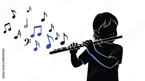 A young child plays a beautiful melody on the flute, with musical notes floating in the air