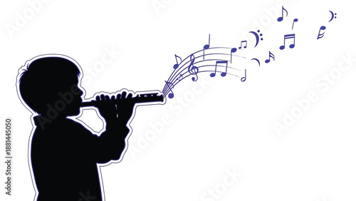 Child's silhouette playing a wind instrument with musical notes floating through the air