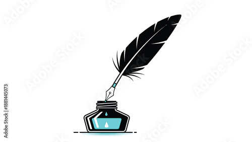 Elegant quill pen with blue ink in a stylish inkwell representing writing and creativity