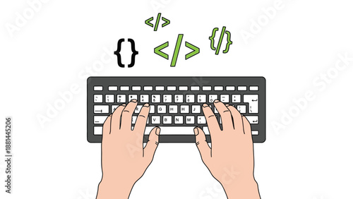 Hands typing on a keyboard surrounded by programming code symbols representing web development and coding