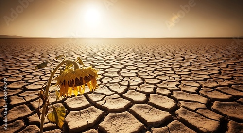 Wilted sunflower stands alone amidst vast expanse of parched, cracked earth under intense sunlight