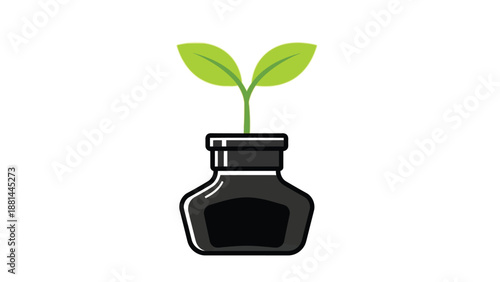 Green sprout growing from an ink bottle symbolizing creativity and new ideas