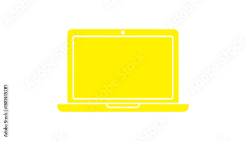 The bold yellow graphic of an open laptop computer with a large blank screen is clearly featured, isolated on a plain white background for mobile.