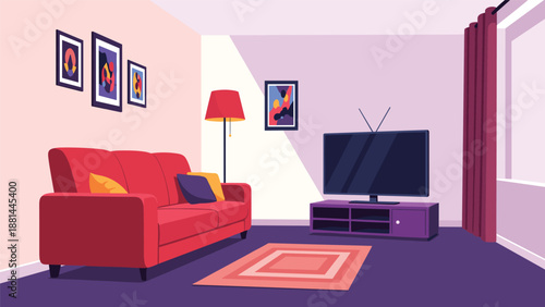 Cozy living room interior illustration with a red sofa, coffee table, stylish lamp, and wall art in a modern flat design style.