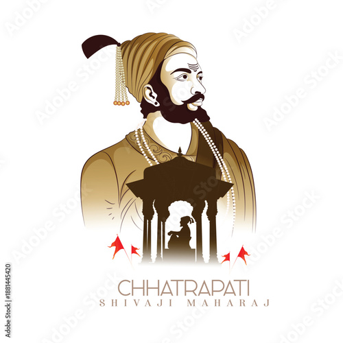 illustration of Chhatrapati shivaji maharaj jayanti Chhatrapati Shivaji Maharaj with a traditional turban, pearl jewelry and a pavilion silhouette; evokes Maratha heritage, bravery, leadership and his