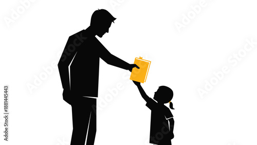 An adult giving a yellow book to a young child, symbolizing education and knowledge transfer