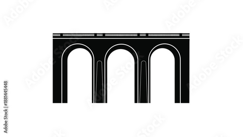 Black silhouette of an ancient stone arched bridge or viaduct architecture isolated on a white background for design projects.