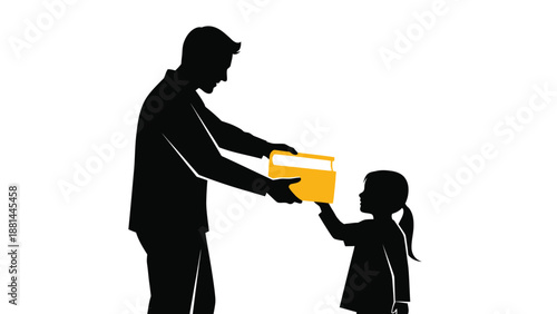 A man's silhouette handing a bright yellow book to a young girl, promoting education and sharing knowledge
