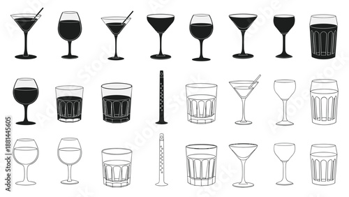Extensive collection of various glassware silhouettes including wine glasses, tumblers, and cocktail glasses for beverage menu design.