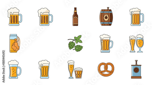Brewery and pub related icon set featuring beer mugs, bottles, barrels, pretzels, and hops icons for brewery branding design.