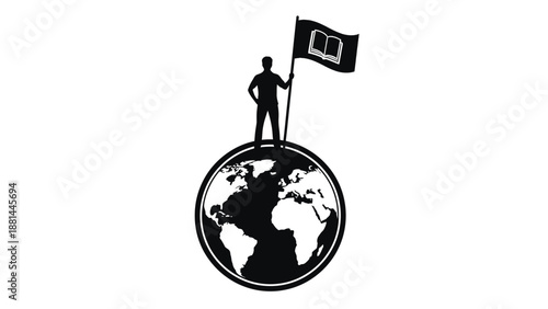 Global supremacy through knowledge: a person stands on the world holding an education flag