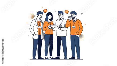 Diverse team collaborating on project, discussing ideas with speech bubbles