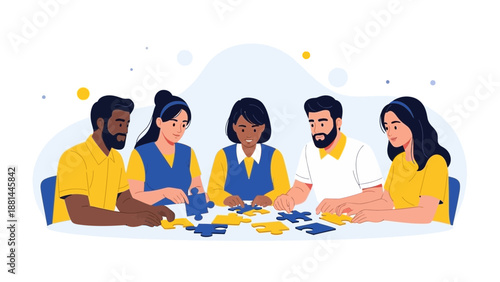 Diverse team collaborating on puzzle, teamwork and problem solving concept