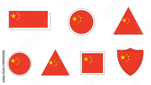 Assorted geometric shapes including circles, triangles, and shields containing the chinese national flag for international branding.