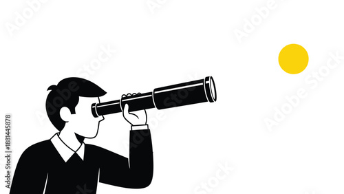 Man with telescope observing a distant yellow sphere, symbolizing focus and future vision