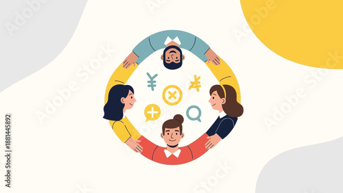 Diverse Team Collaboration, Global Business, Financial Symbols, Communication Icons