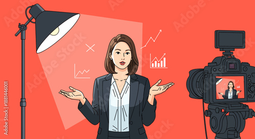 Businesswoman presenting data in front of camera and lighting equipment.