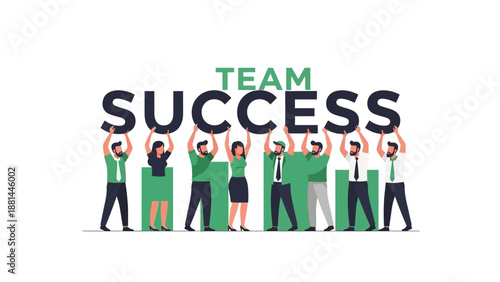 Diverse team holding up letters spelling TEAM SUCCESS, celebrating achievement and collaboration