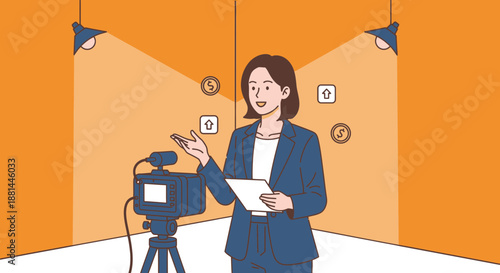 Female presenter recording video in a studio with professional lighting and camera equipment.