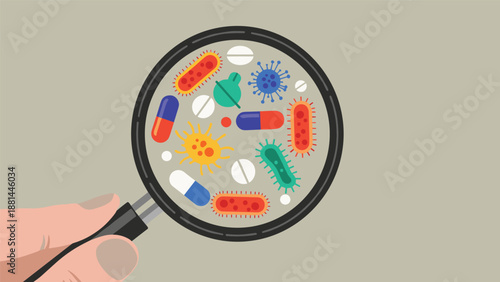 Magnifying glass inspecting various bacteria, viruses, and pills illustrating pharmaceutical research and medical diagnostics concept.